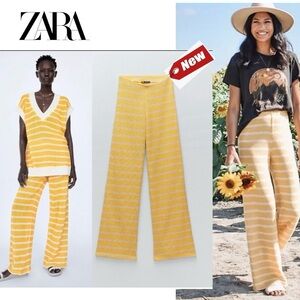 Zara yellow white striped knit rustic trouser pants Sz S NWT